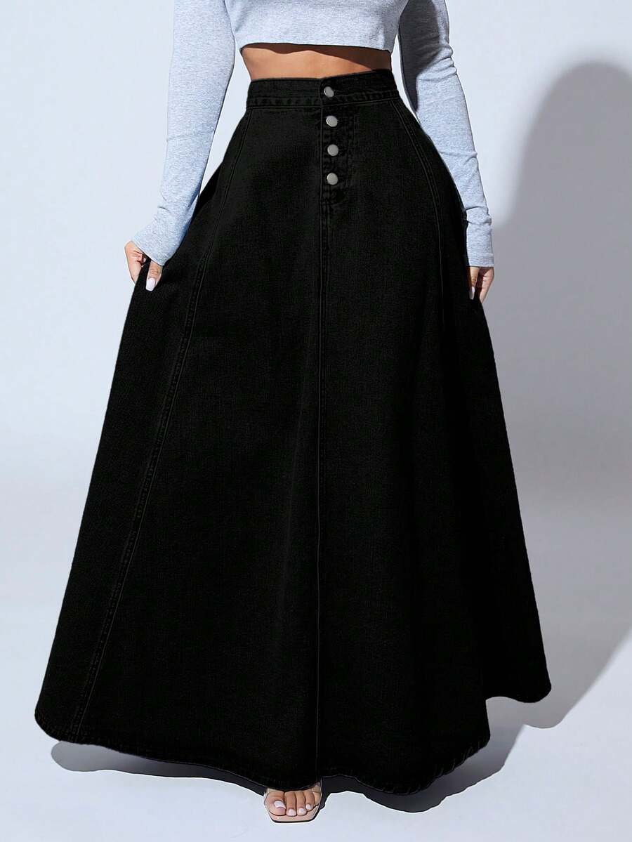 black denim button-front maxi skirt