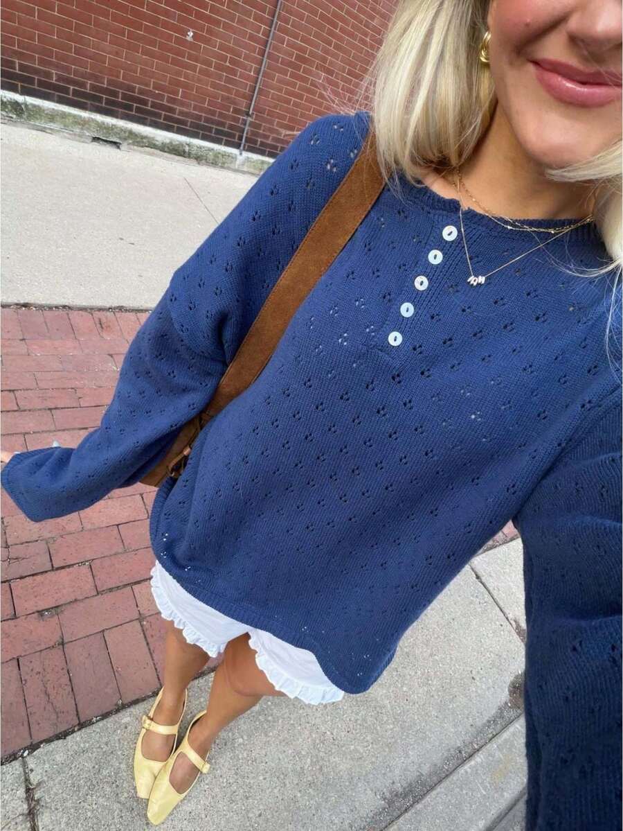 women's henley neck hollow knit sweater in blue