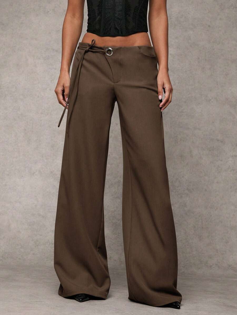 grey wide leg loose pants with waist eyelet