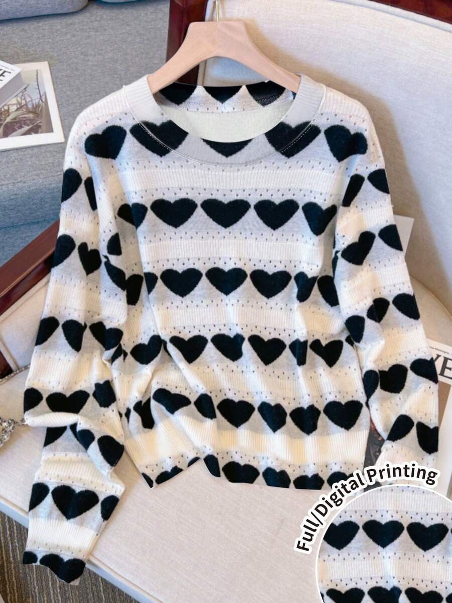 franclia women's heart print long sleeve knit sweater (printed)