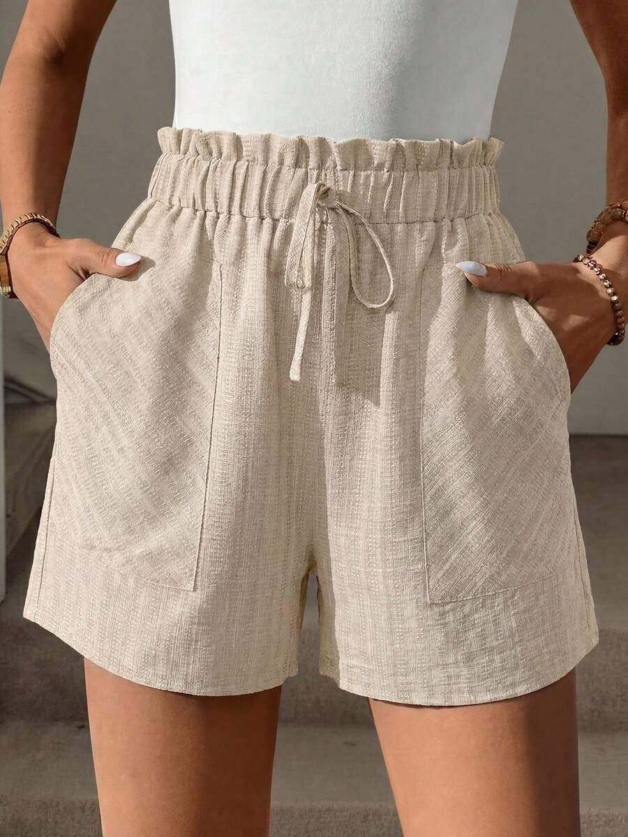 beige textured jacquard elastic waist casual shorts
