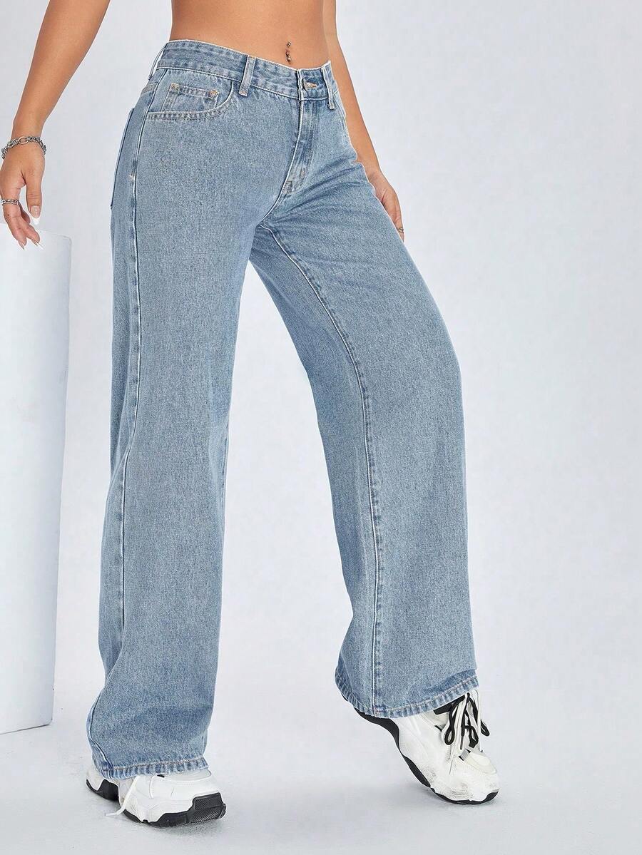 casual washed low-waist straight-leg jeans