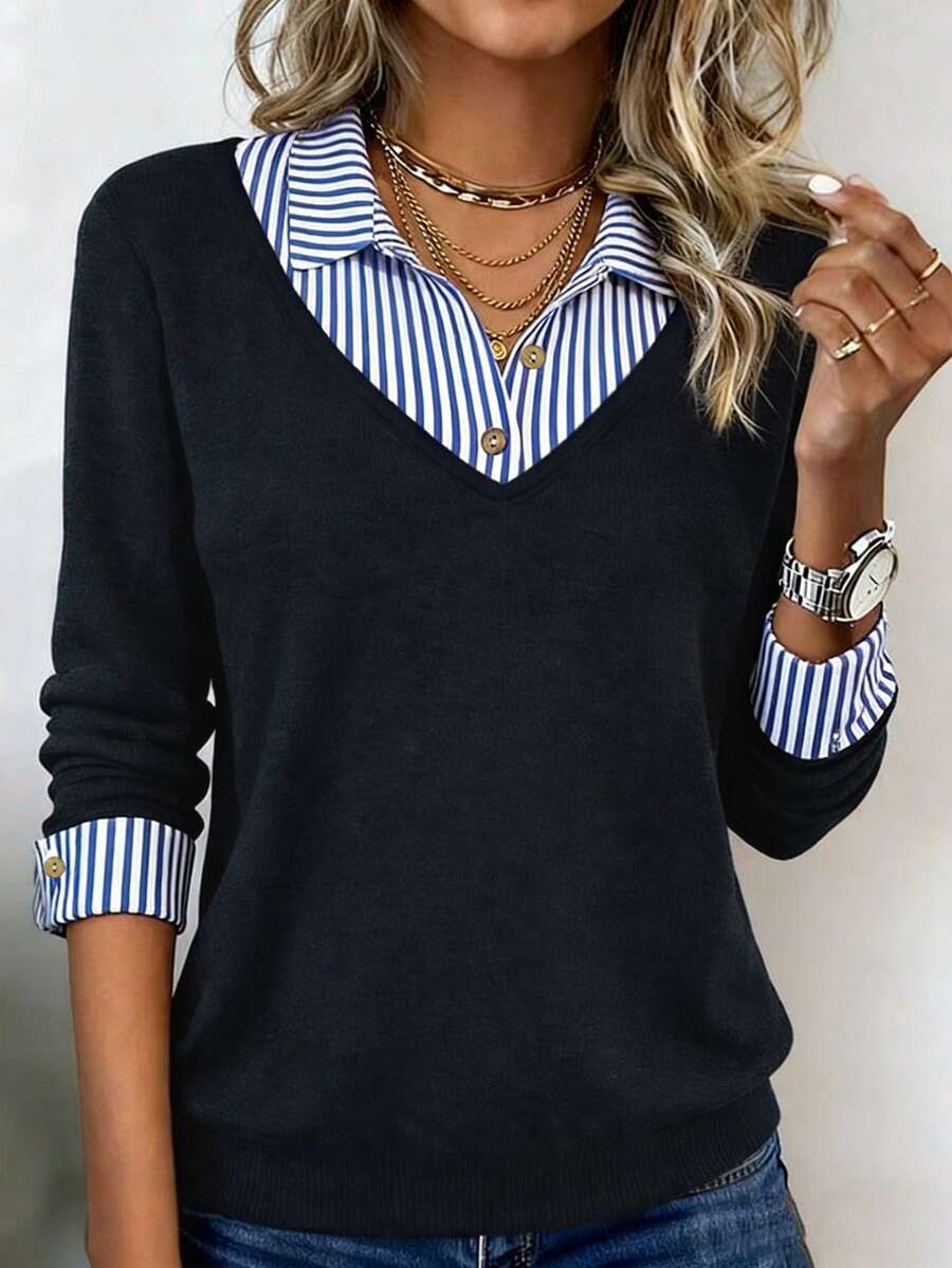 navy blue knit sweater with striped shirt collar