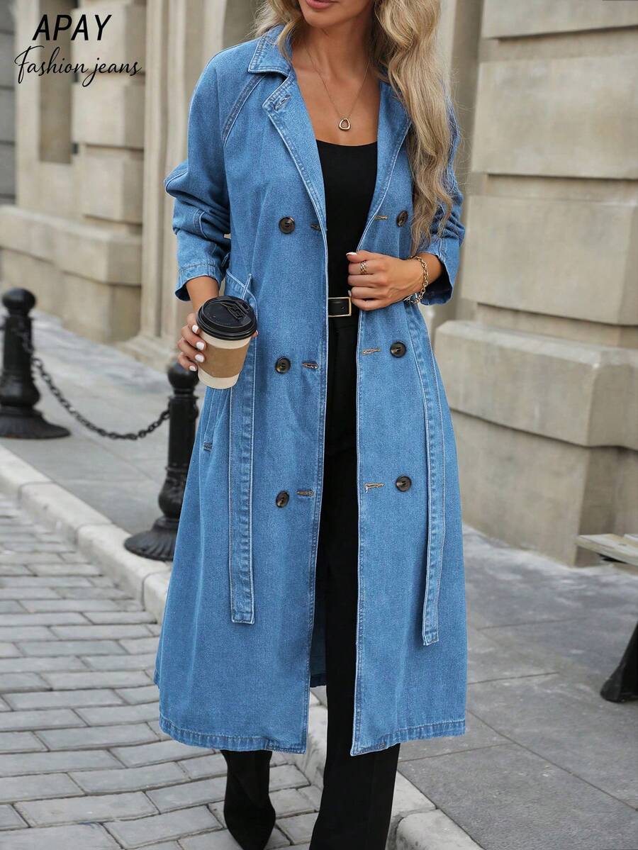 blue denim double-breasted trench coat