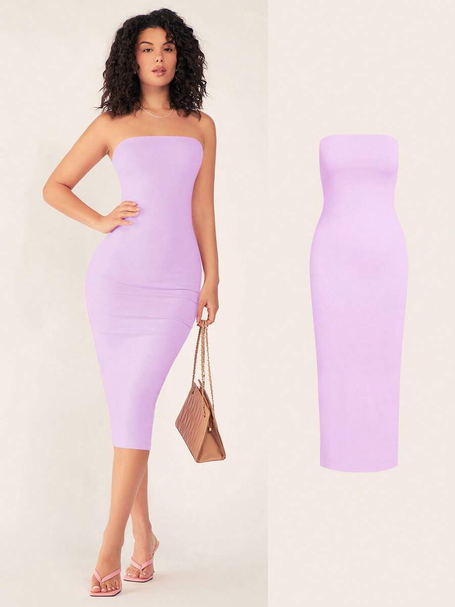 lavender strapless slim fit bodycon midi dress