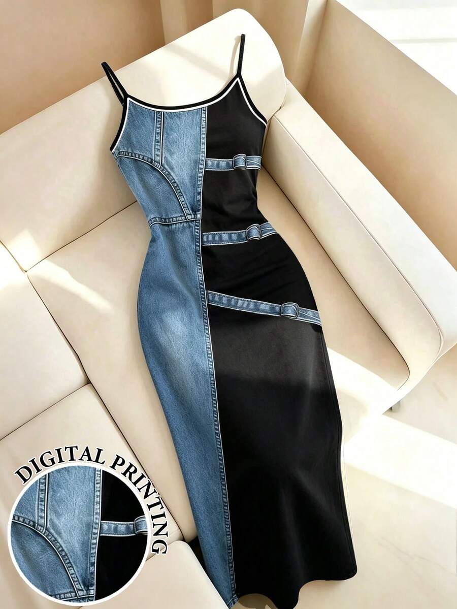 colorblock denim and black cotton midi dress (printed)