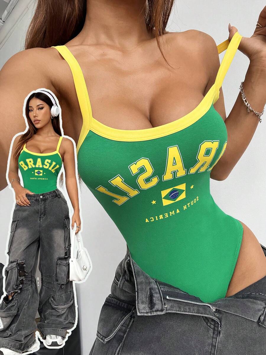 brazil letter print color-blocked jersey one-piece swimsuit