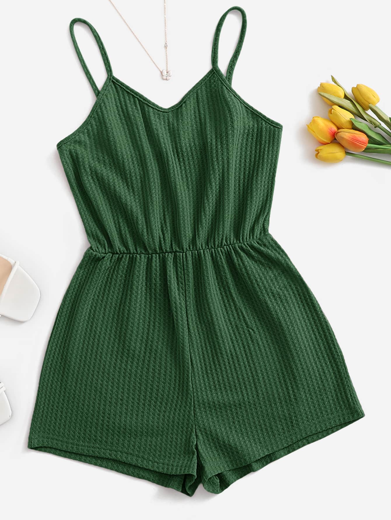 solid green waffle knit cami romper