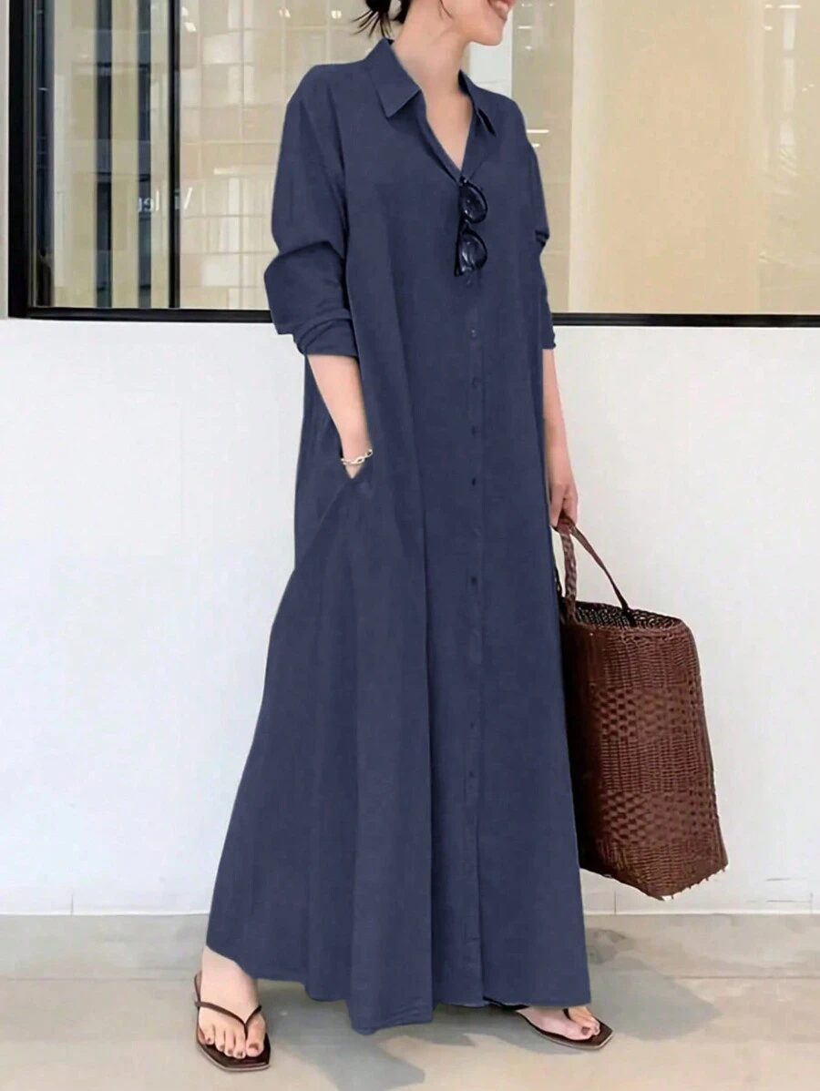 solid color long sleeve casual shirt dress