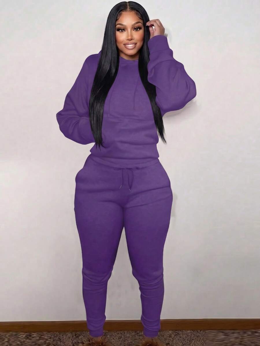 purple hooded sweatshirt and matching joggers set