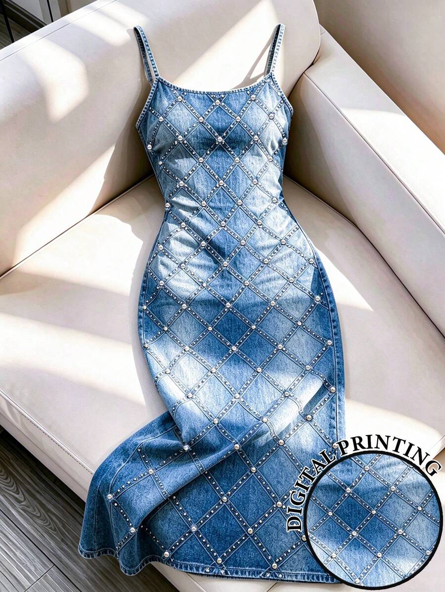 denim midi dress with diamond stud embellishment