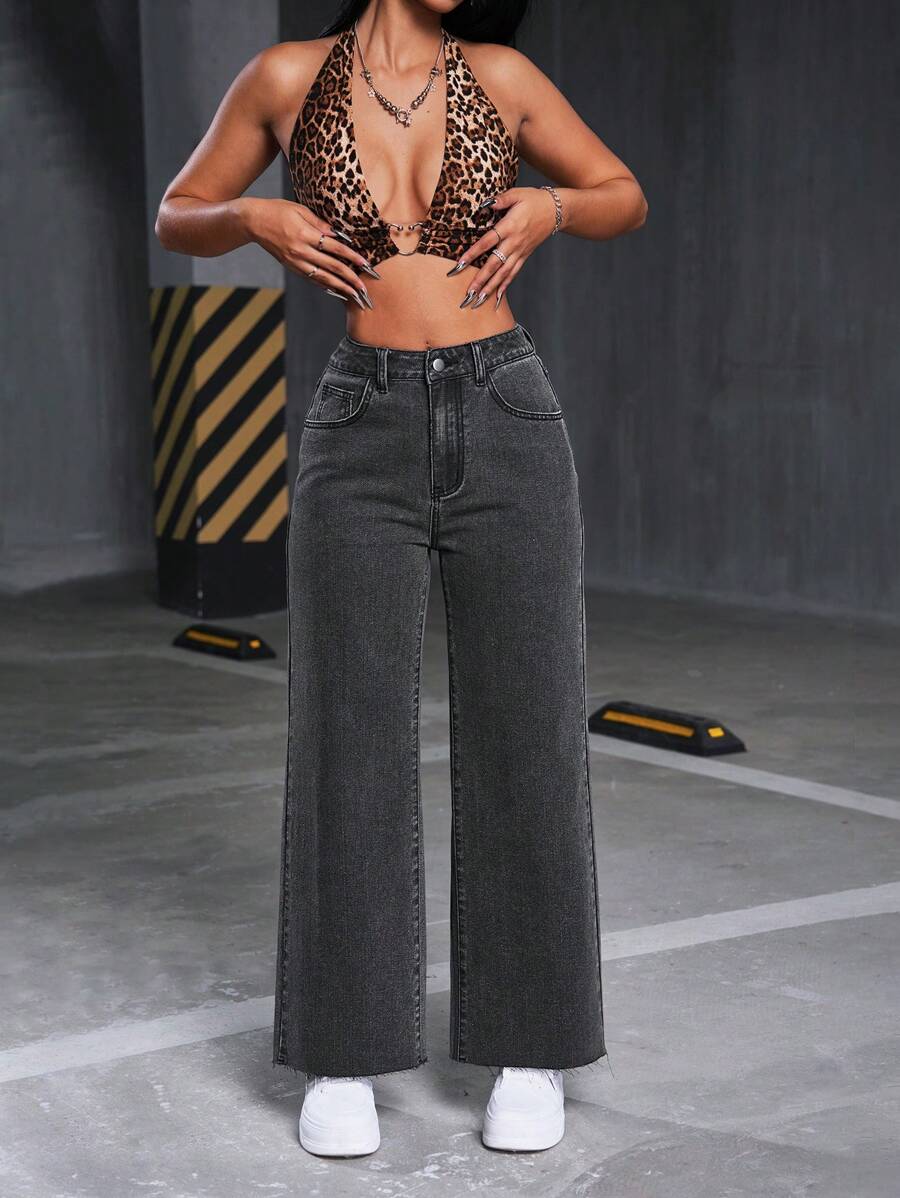 casual wide-leg denim jeans in washed black