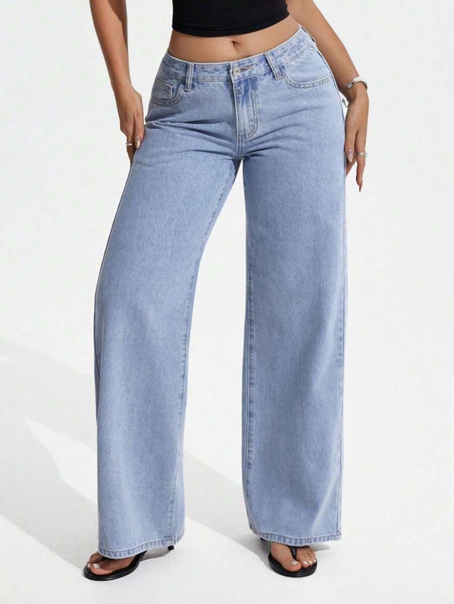 casual washed low-waist straight-leg jeans