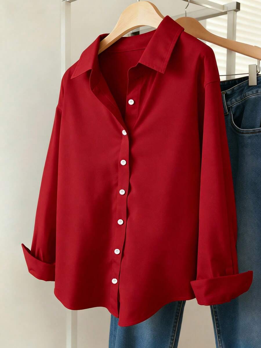 red solid color drop shoulder long sleeve casual shirt