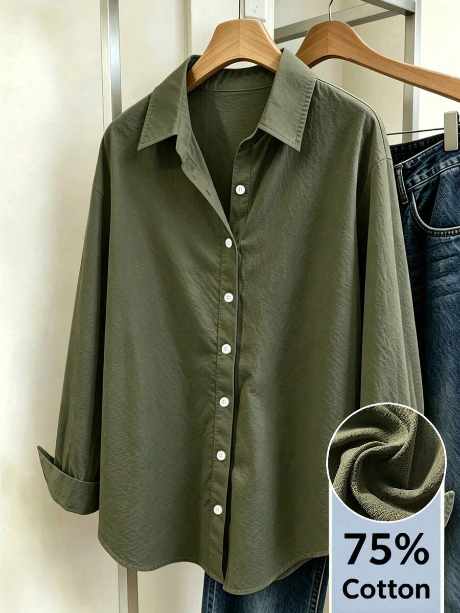 olive green cotton blend button down shirt