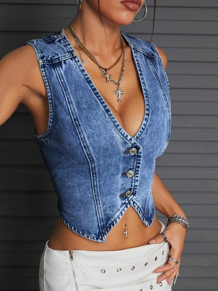 washed denim sleeveless vest top