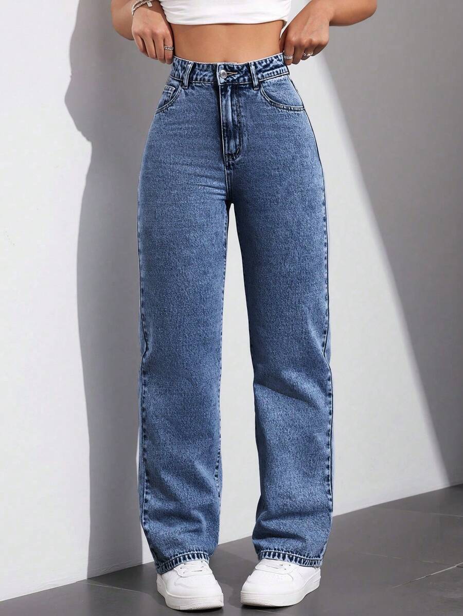 high waist casual straight leg mom jeans