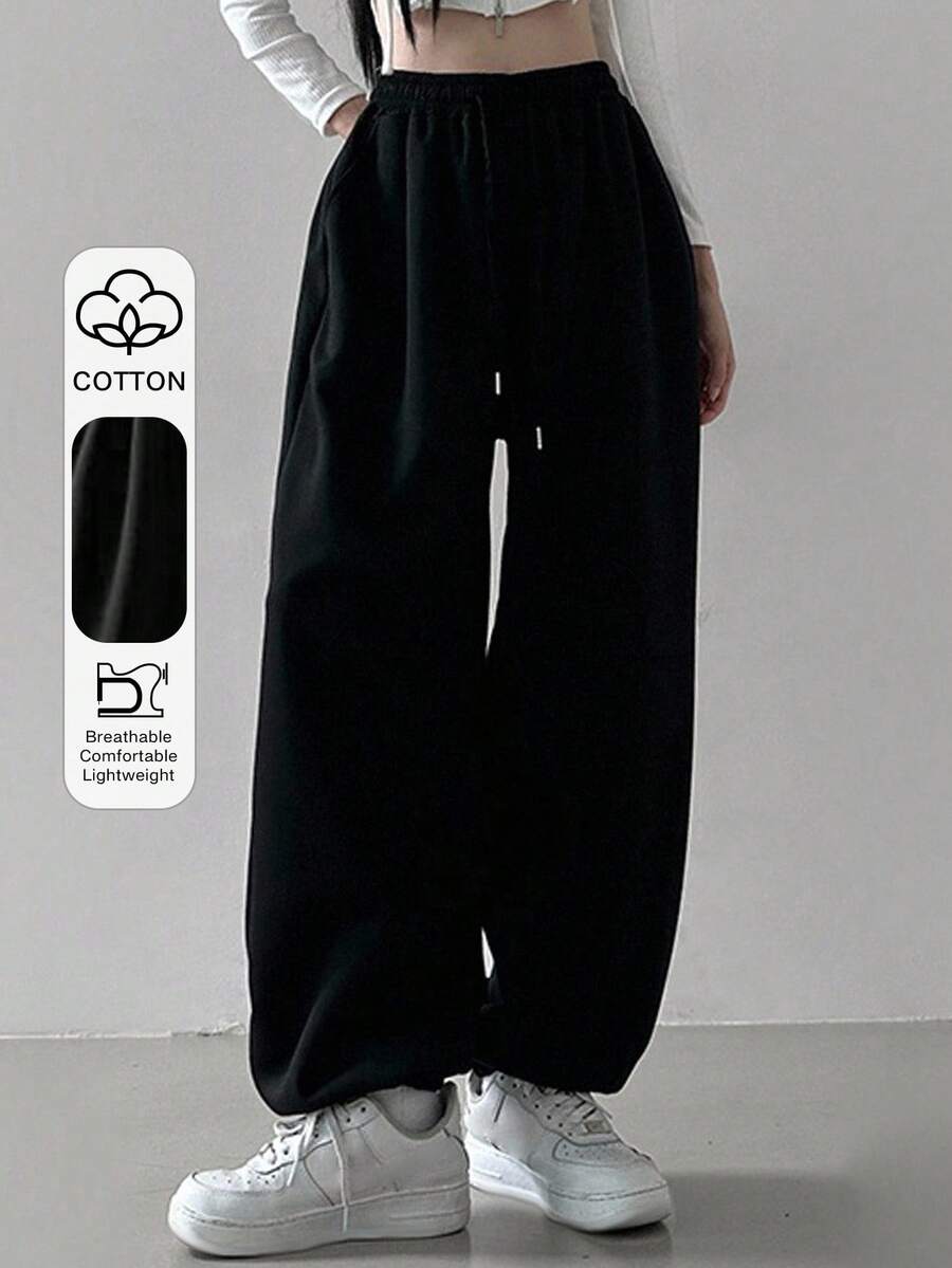 solid black drawstring waist cuffed sports joggers