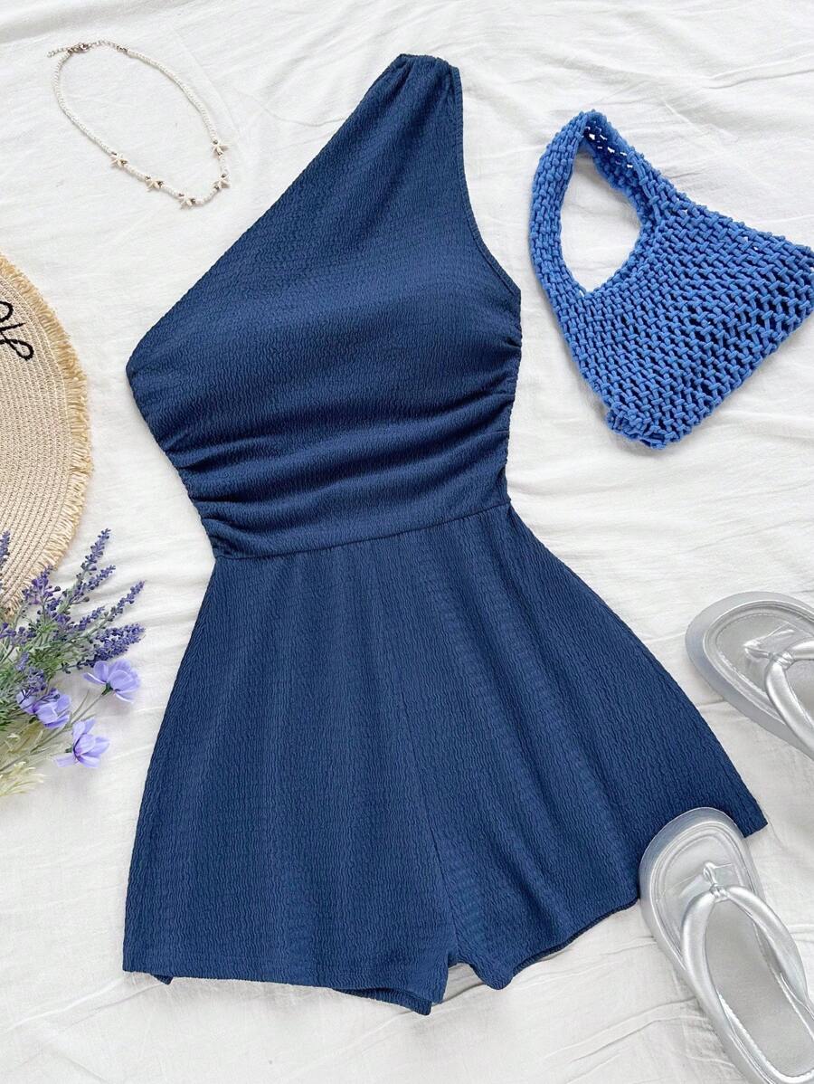 navy blue one shoulder summer playsuit
