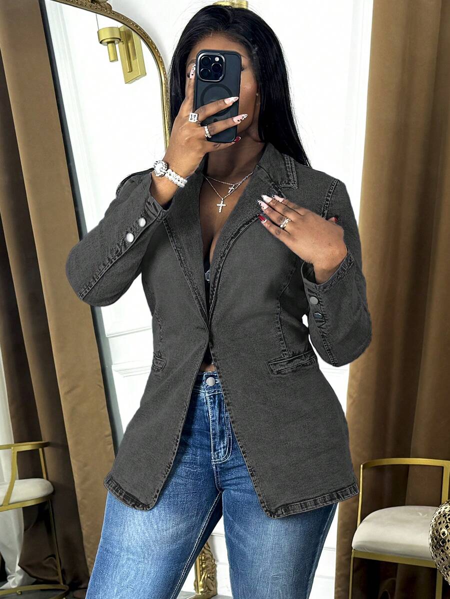 women's charcoal grey buttoned denim blazer jacket