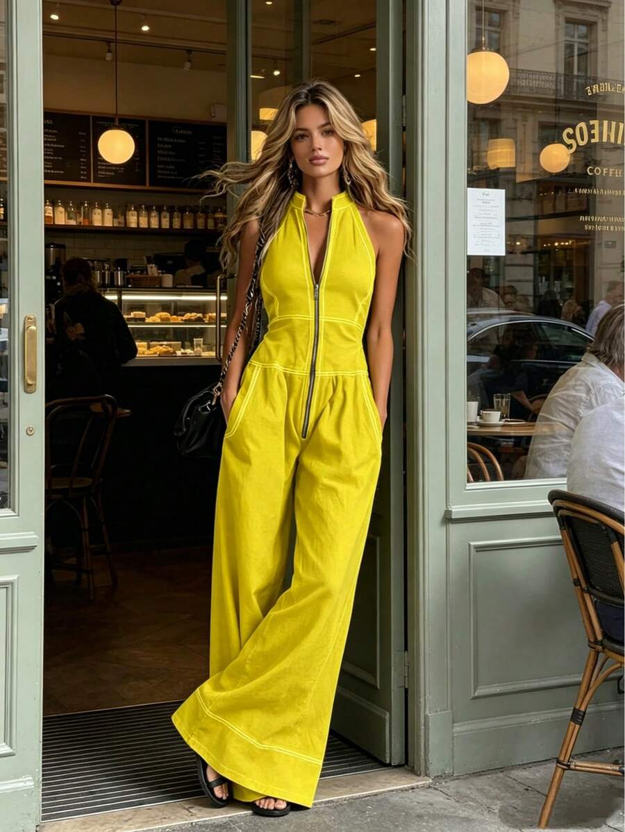 sleeveless v-neck jumpsuit with contrast topstitching