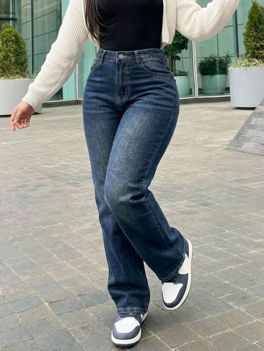 dark wash high waisted straight leg denim jeans
