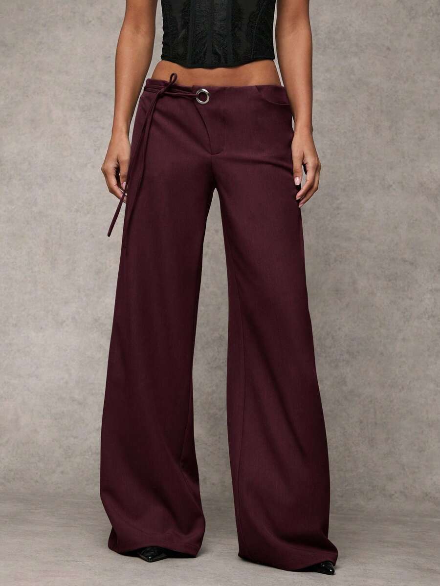 burgundy wide leg trousers with eyelet drawstring detail