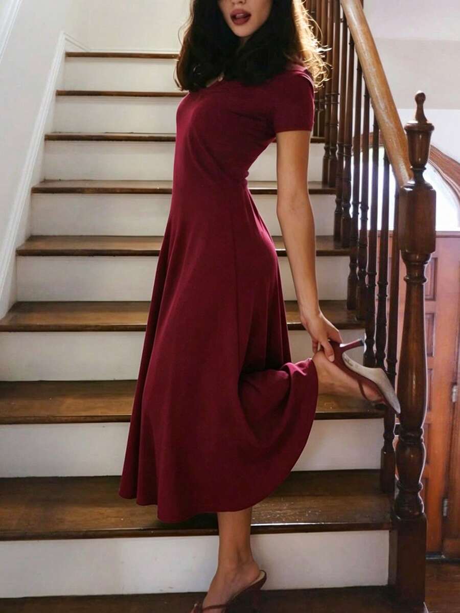 solid color elegant cinched waist midi dress