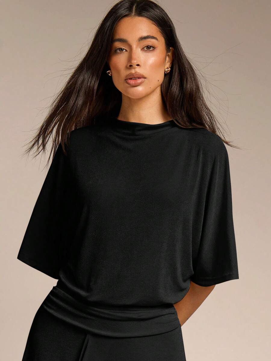 cosmina black elegant short sleeve knit stretch top