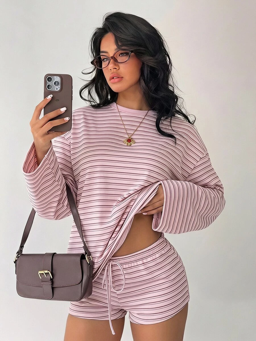 pink striped long sleeve lounge set