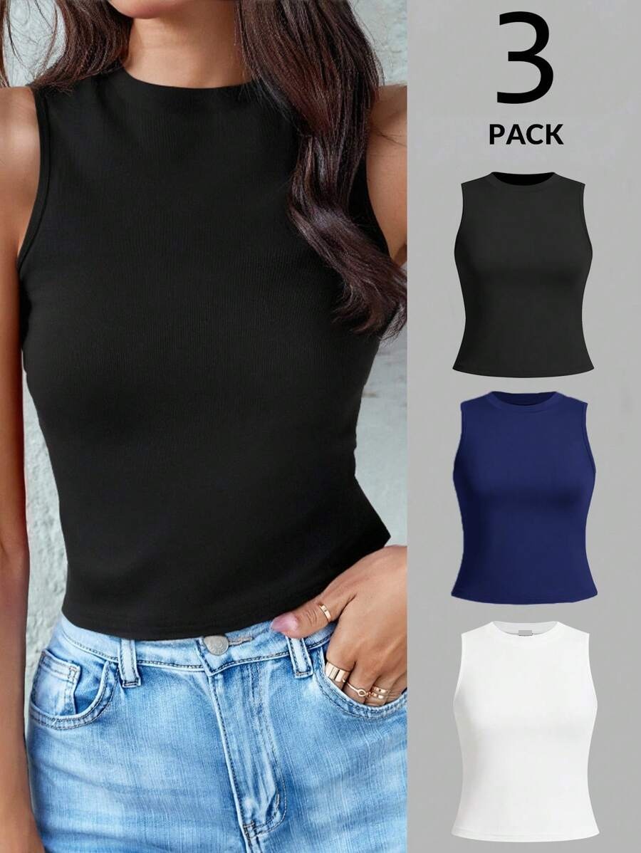 three pack of ribbed crew neck sleeveless tops