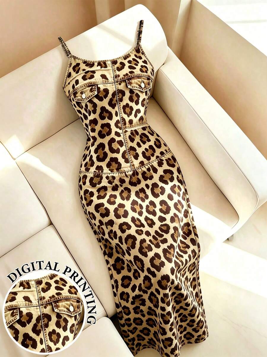 american vintage leopard print denim midi dress (printed)