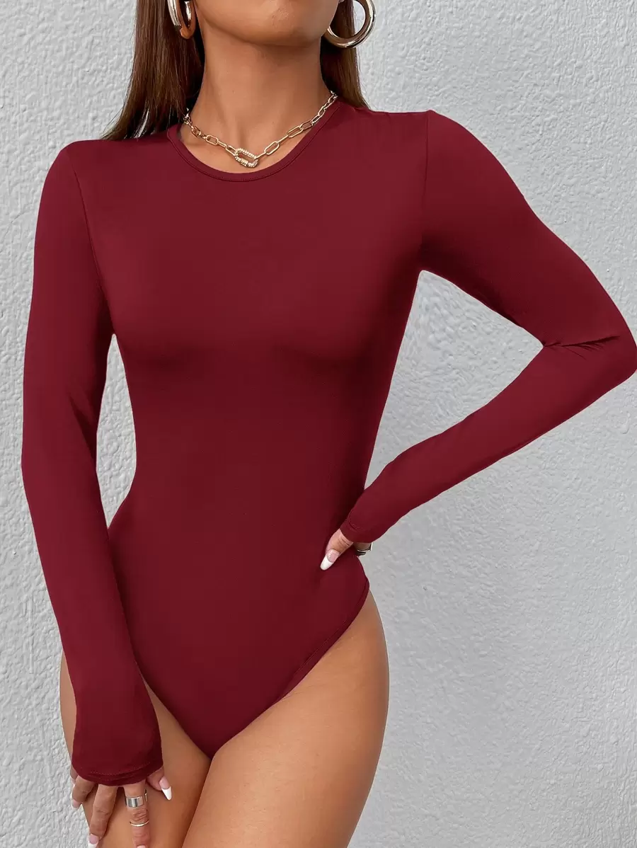 burgundy round neck slim fit long sleeve bodysuit