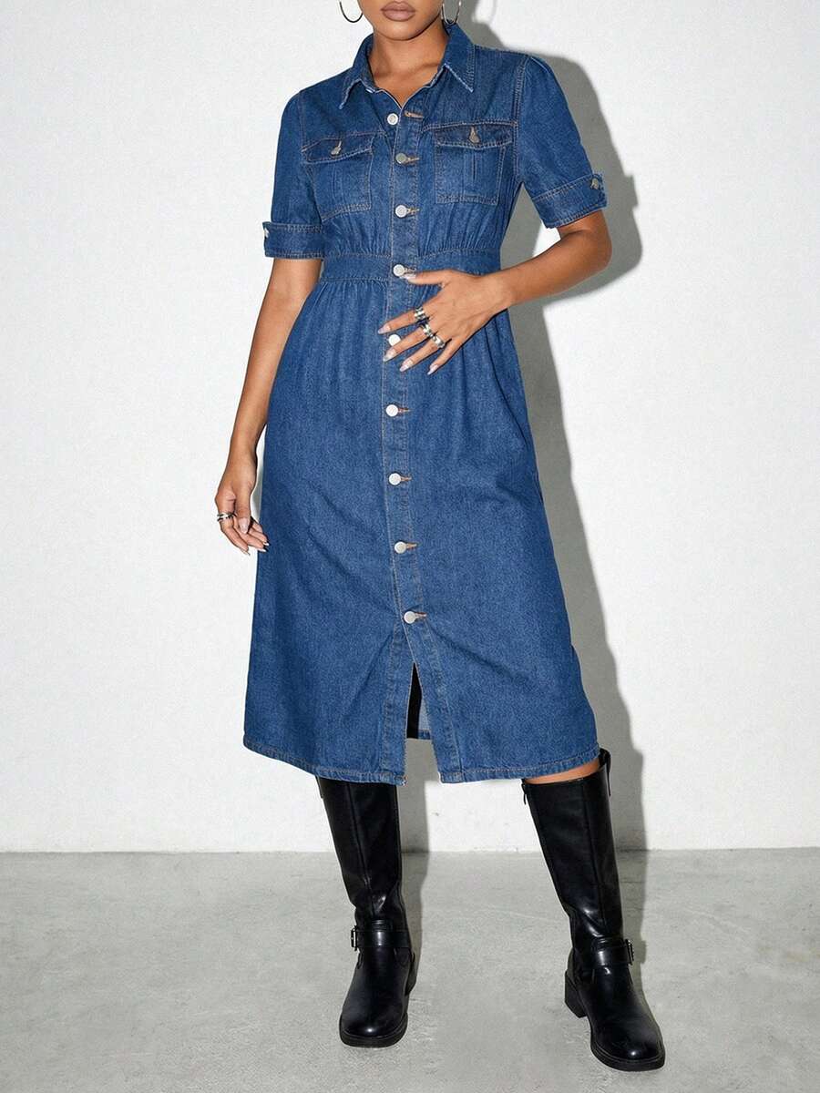 women's high waisted denim shirt midi dress