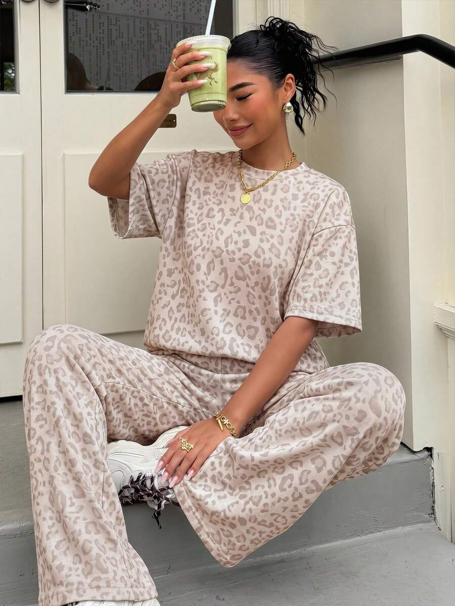 leopard print lounge set with drop shoulder tee
