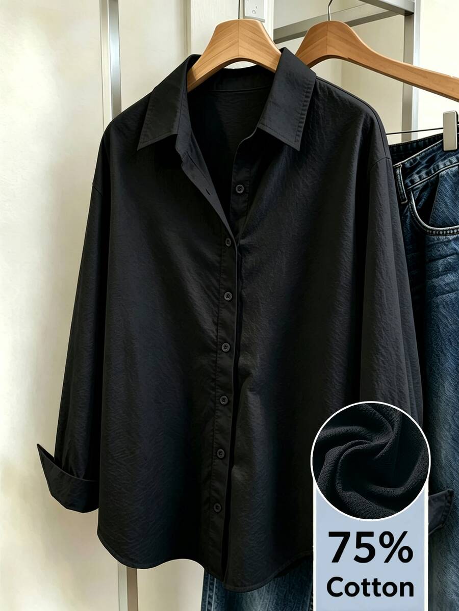 black cotton blend button down shirt