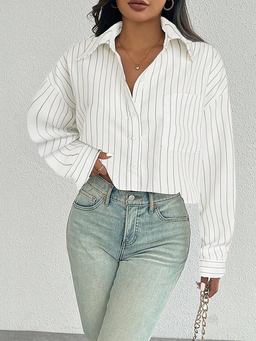 white striped long sleeve button up shirt