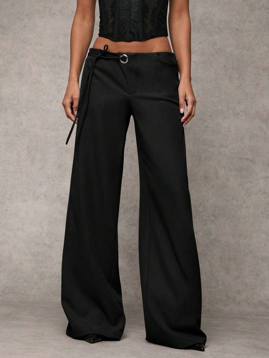 black wide-leg relaxed fit trousers with drawstring