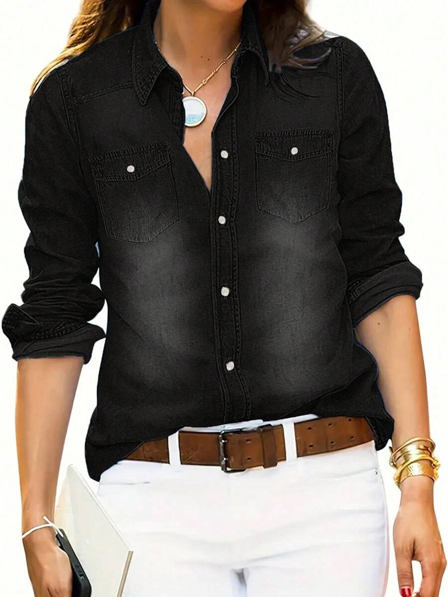black denim button-up shirt with chest pockets