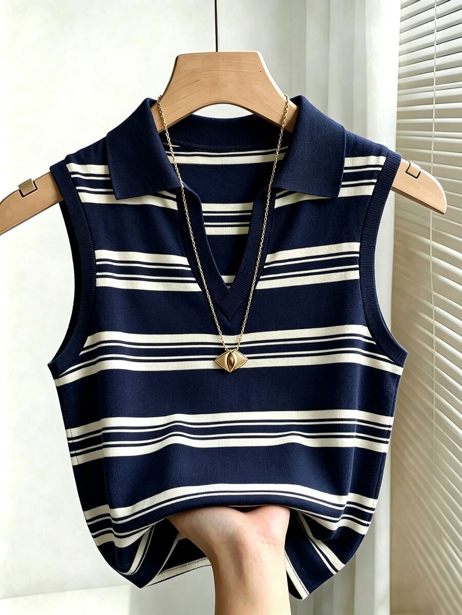 navy and white striped knit polo vest