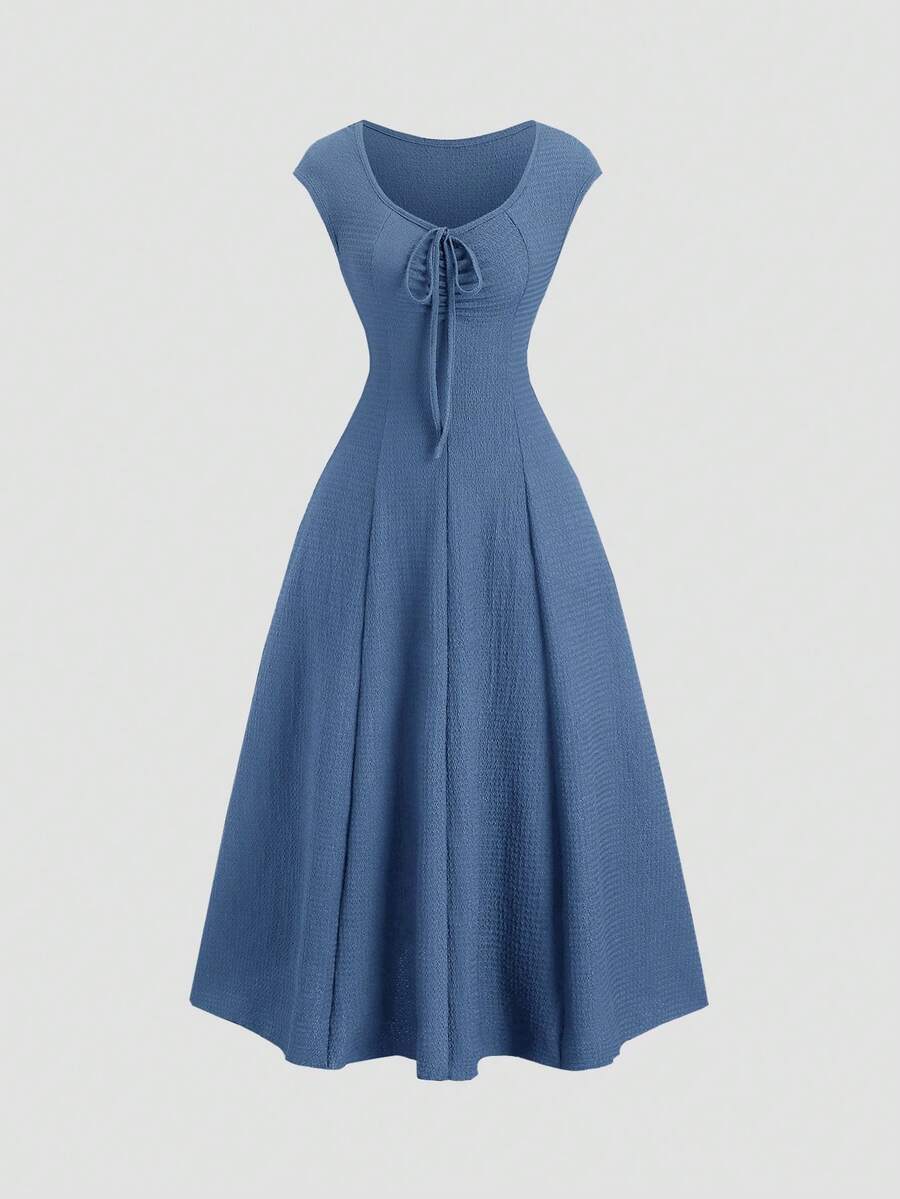 solid blue cinching waist fitted knit midi dress