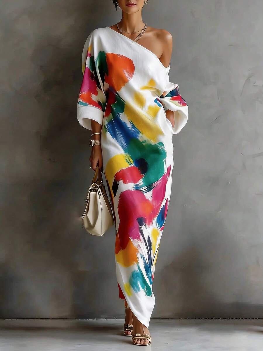 abstract print one-shoulder midi dress