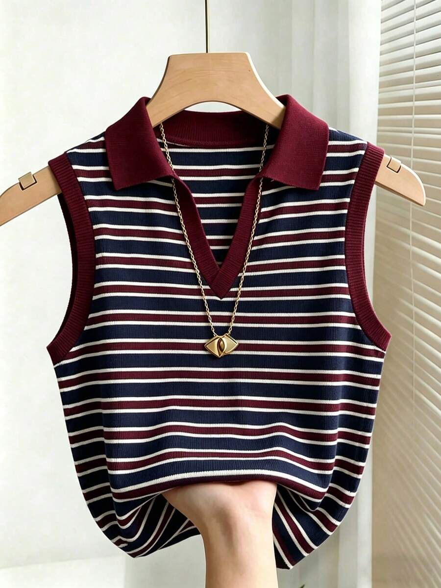 casual elegant intellectual collared striped knit vest