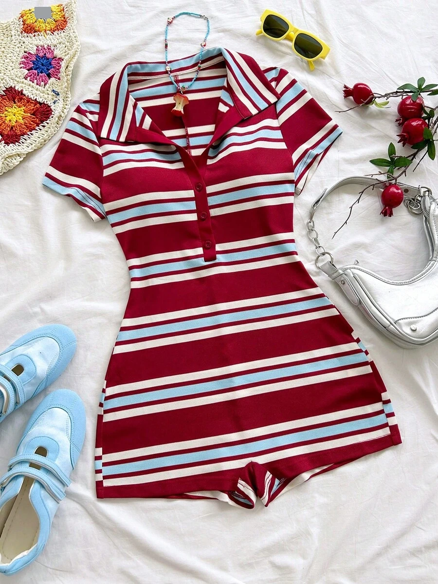 striped red and blue collared playsuit