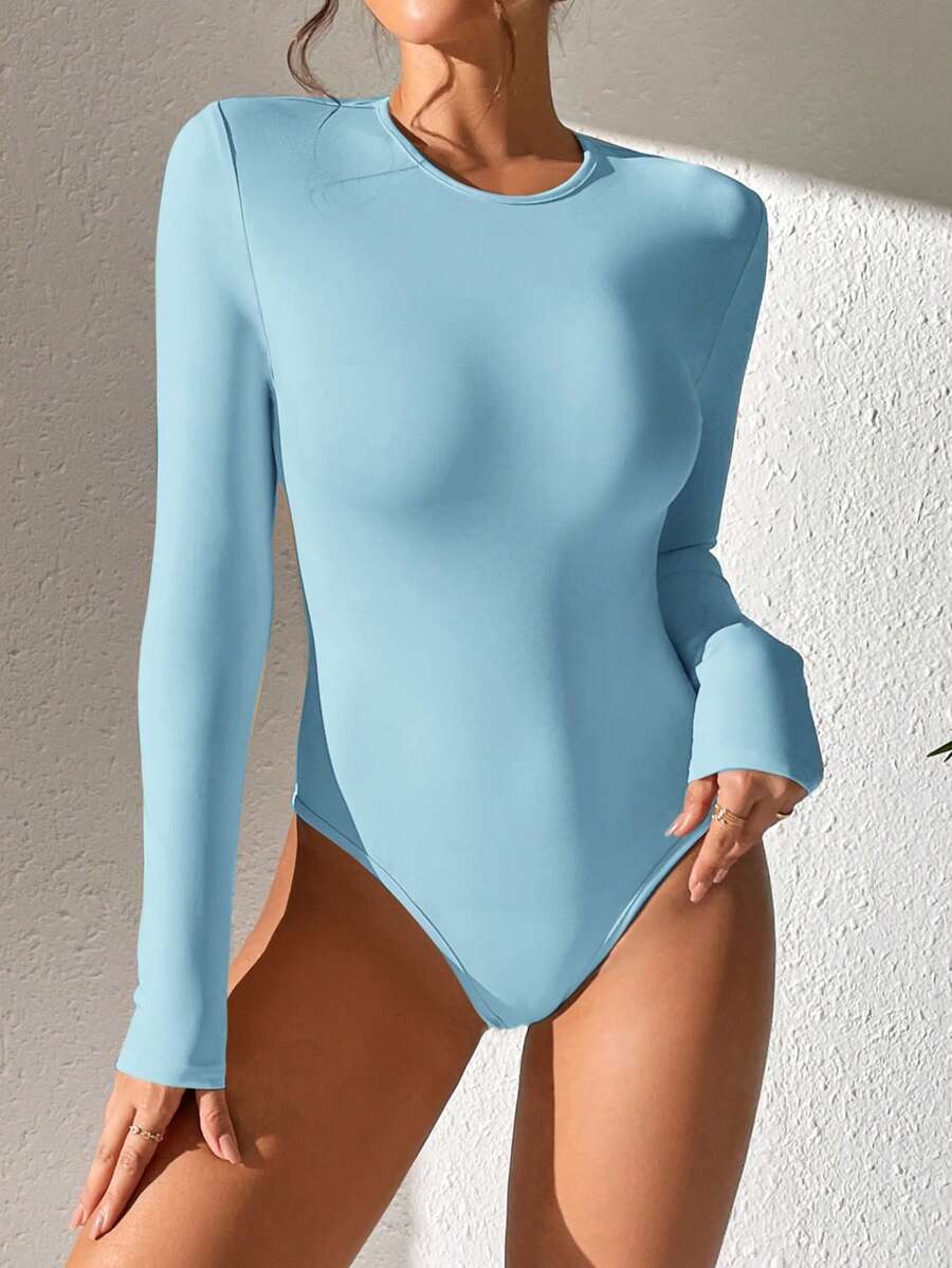 solid light blue slim fit long sleeve bodysuit