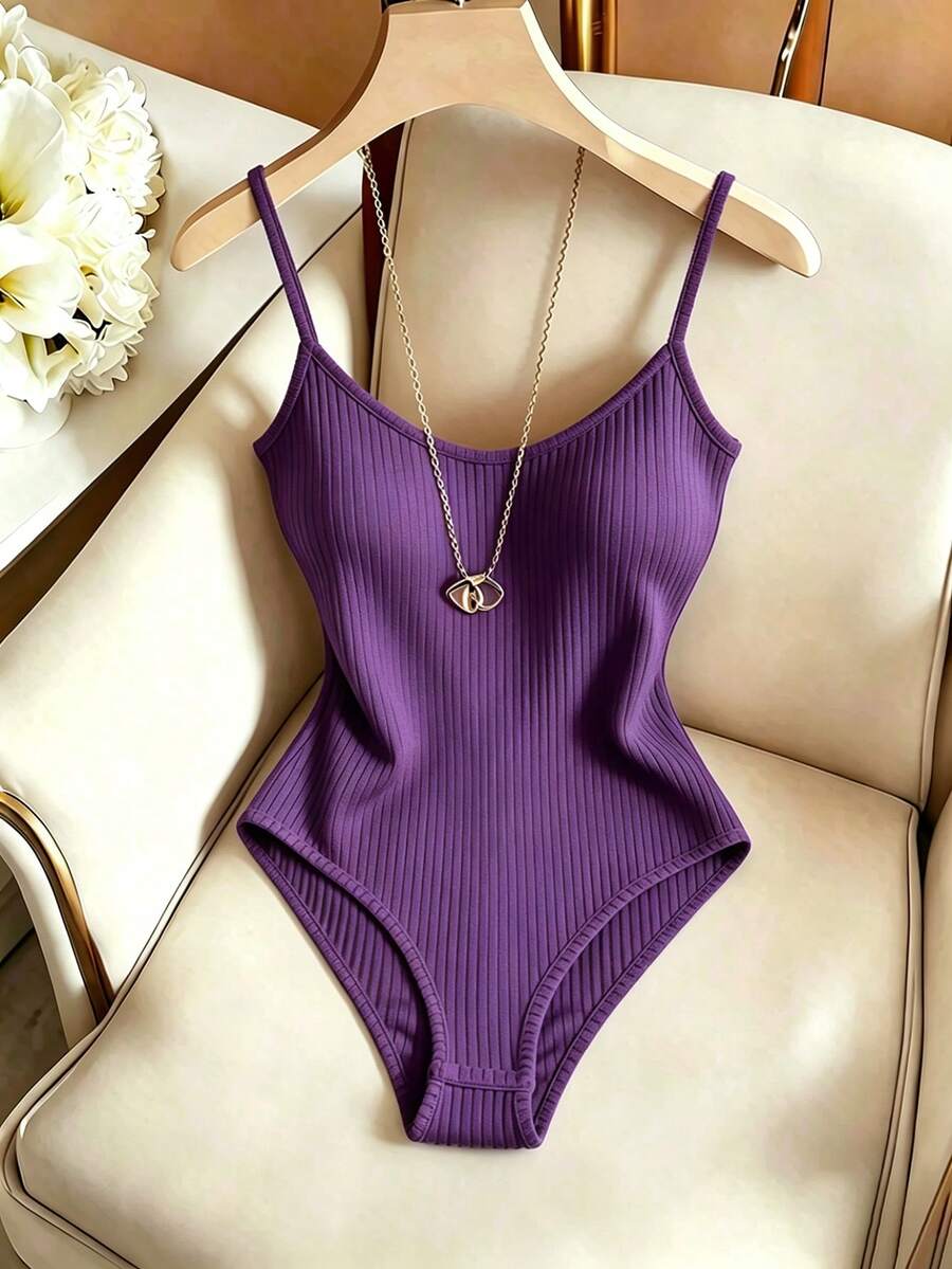 purple ribbed camisole bodysuit