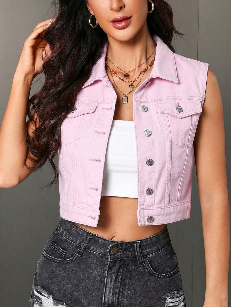 pastel pink sleeveless denim cropped vest