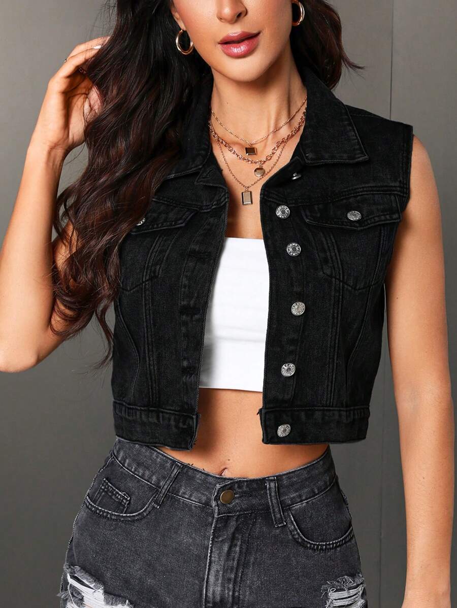 black denim sleeveless button-up vest