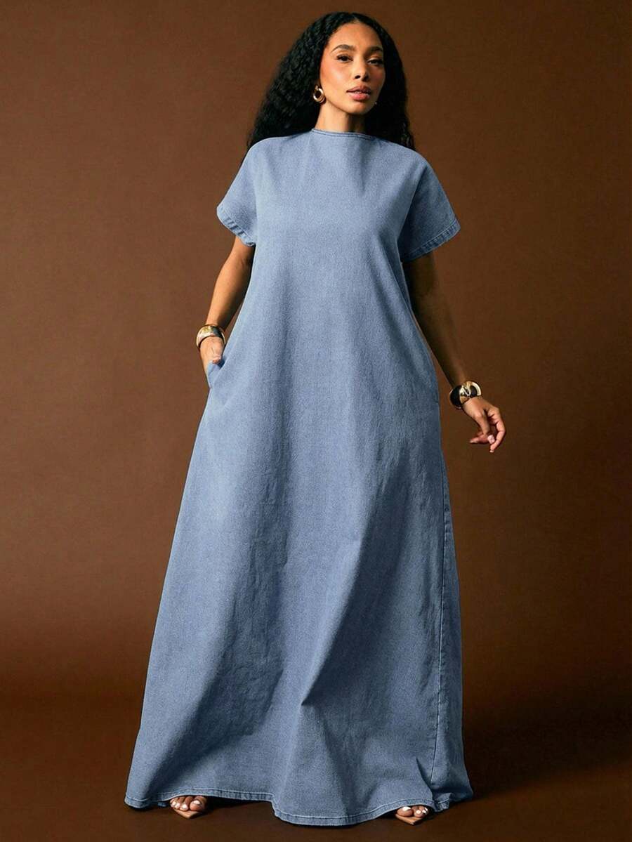 light blue denim maxi shift dress