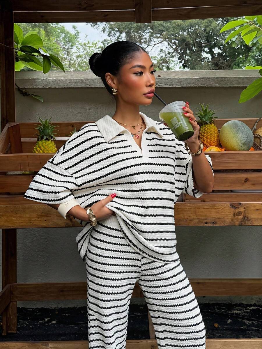 women's loose black and white striped knit loungewear set